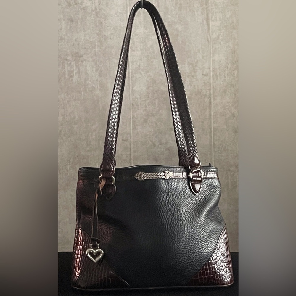 VTG Brighton Blk Pebbled Leather Braided Woven Straps Croc Trim Shoulder HandBag